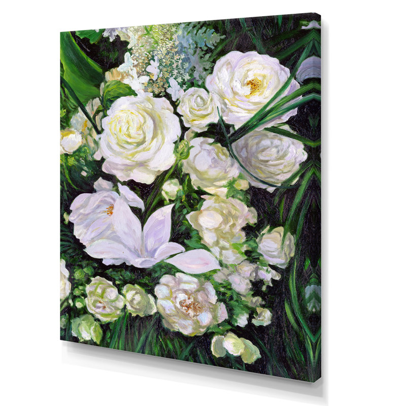Bouquet de roses blanches et mauves - reproduction sur toile, H 20 po x l 12 po x P 1 po, Toile tendue