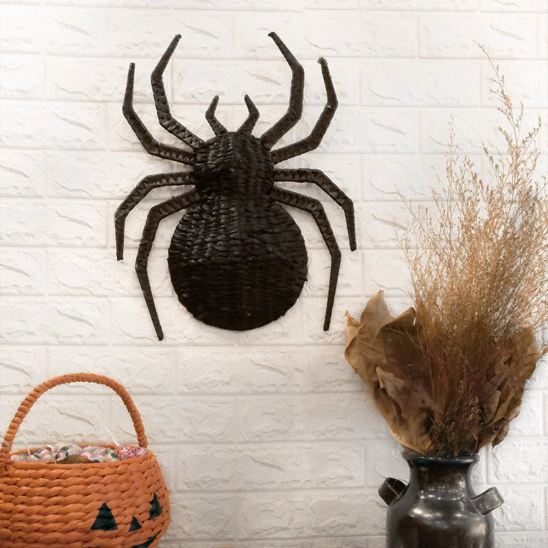 Handwoven Black Water Hyacinth Spider Wall Decor Halloween Or Gothic Accent Set Of 2