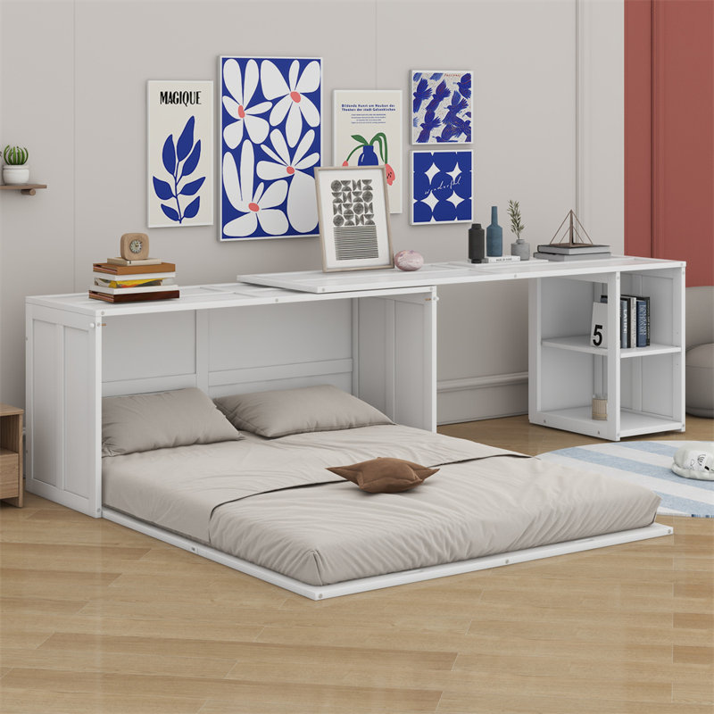Queen Size Murphy Bed With Rotable Desk, White