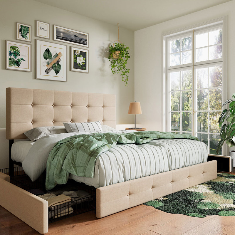 Lit plateforme avec rangement 4 tiroirs et tête de lit ajustable Deyani, Complète, Beige