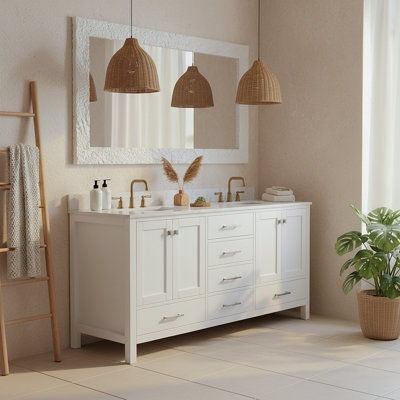 Meuble-lavabo 72 po, meuble-lavabo avec cadre en bois massif, comptoir autoportant avec 2 cuves blanc