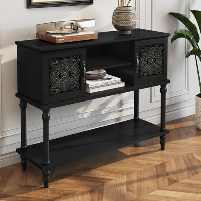 Console sculptée à la main de 107 cm (42 po) avec pattes en bois massif et tablette ouverte pour entrée, noire