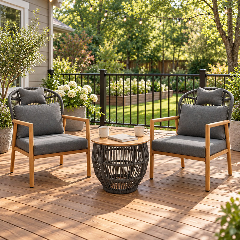 2-Person Patio Conversation Set with Cushions, Outdoor Furniture Rope Woven Chairs with Coffee Table, Natural Wood/Charcoal