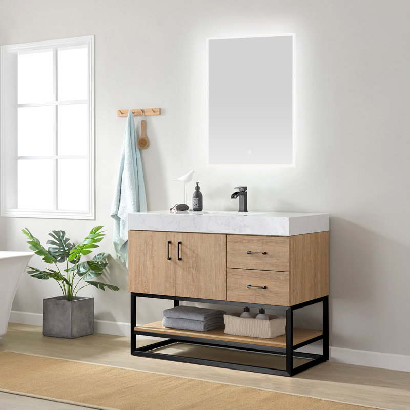 Ensemble de meuble-lavabo simple 42 po avec miroir Alistair, Noir mat, Chêne naturel