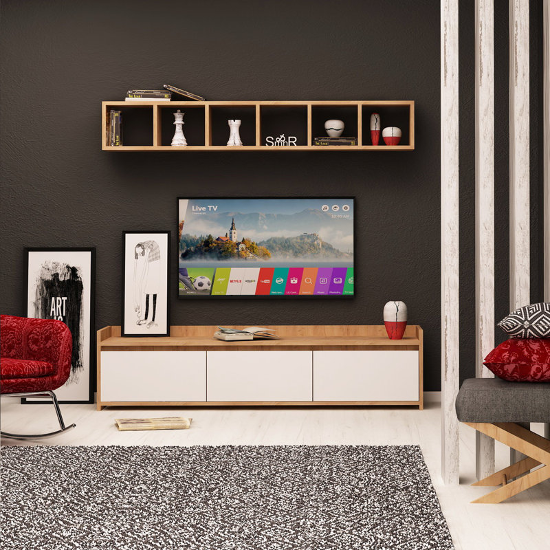 Meuble télé 59,1 po x 17,7 po x 13,8 po Modern Modern 100% panneau de particules enduit de mélamine, épaisseur: 0,7 pouce | Nombreuses tablettes de style scandinave à fixation murale pour un salon élégant