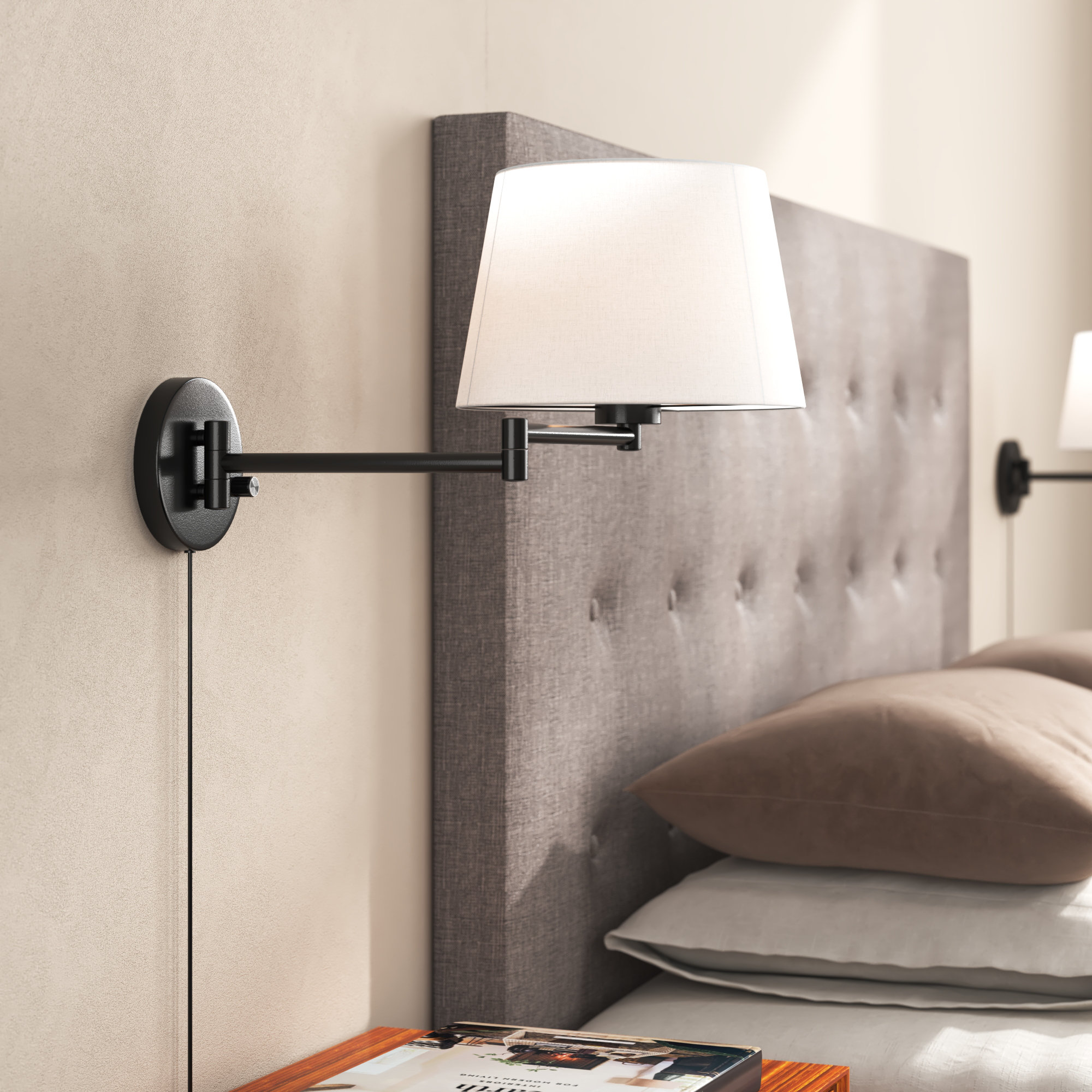 Wade Logan® Amaranthe Plug-In & Hardwired White Linen Shade Dimmable Swing Arm Sconce & Reviews | Wayfair