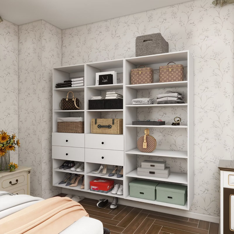 Système d'organisation modulaire blanc avec 16 tablettes et 4 tiroirs