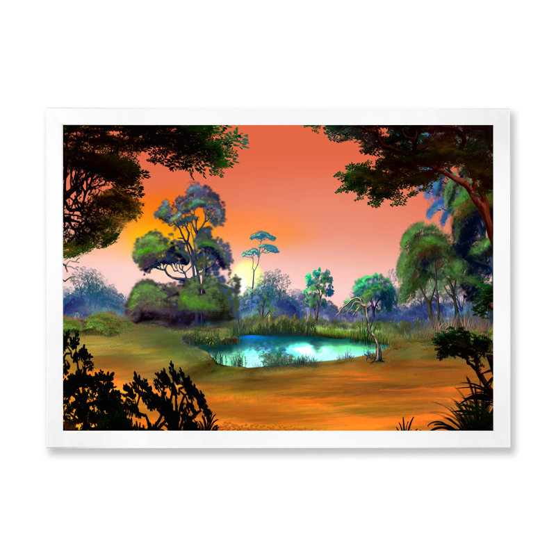 Petit étang sur une forêt, aube - Peinture sur toile, H 16 po x l 32 po, Toile blanche avec cadre d'angle fermé