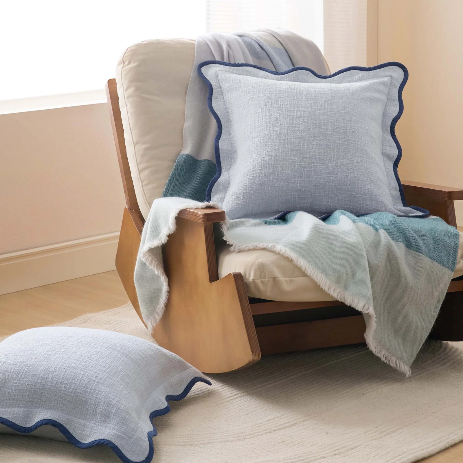 Double Stitch Scalloped Cotton Throw Pillow , Arctic Blue