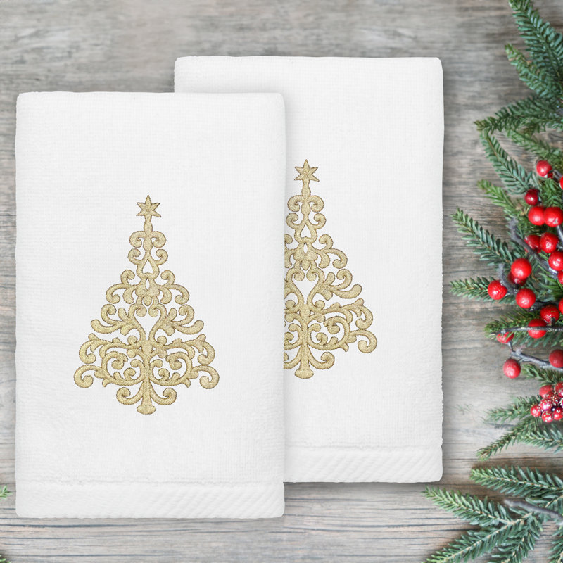 The Holiday Aisle® Christmas Gold Tree - Embroidered Luxury 100% Turkish Cotton Hand Towels (Set Of 2), White