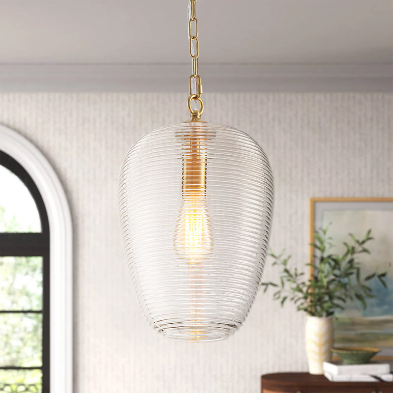Glimmeri 1-Light Single Ribbed Clear Glass Pendant, Brushed Gold