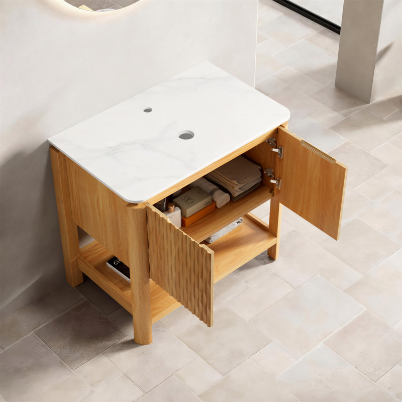 Armoire autoportante 30 po avec 2 portes et tablette ouverte Sharma, plateau en pierre frittée blanc de Carrare, sans lavabo, sans robinet et drain, couleur grain de bois