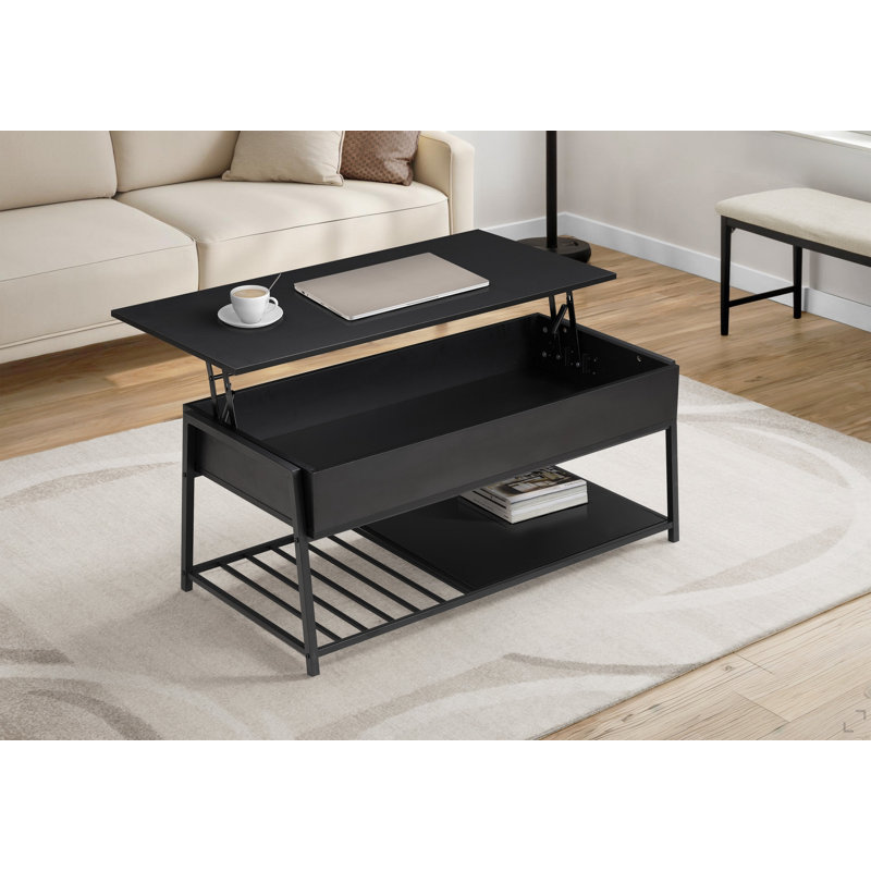 Table basse, L 42 po, cocktail, plateau relevable, rectangulaire, rangement, salon, stratifié noir, métal noir, contemporain, moderne