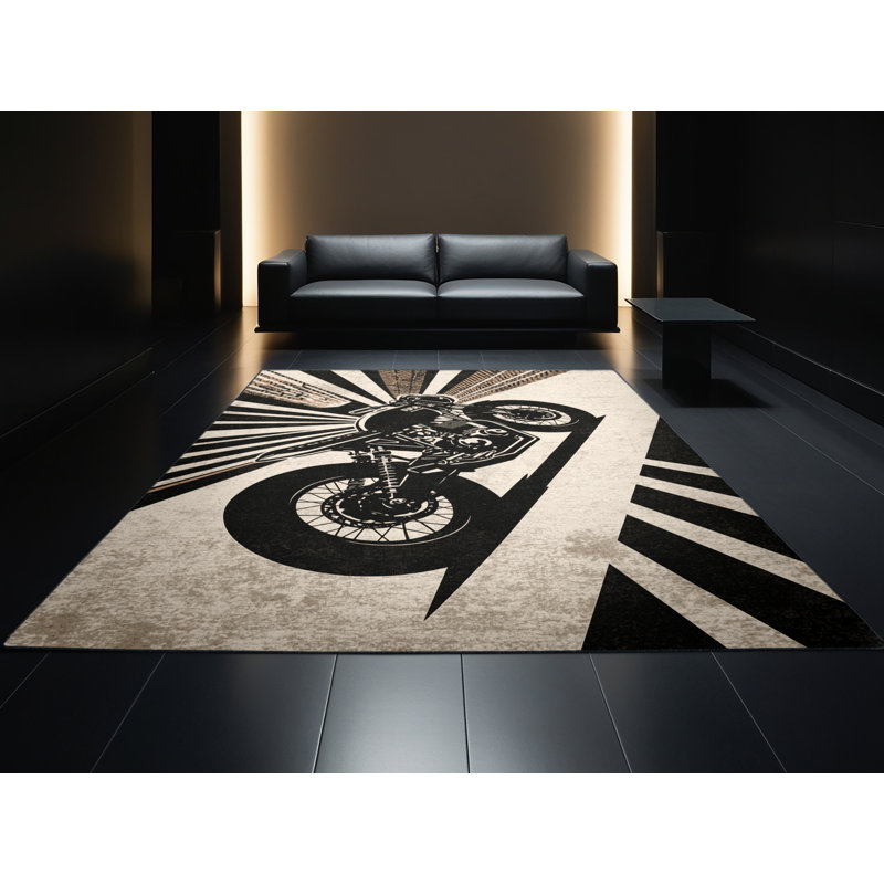 Machine Washable Potts Cafe Racer Motorcycle Retro Geometric Rug in Beige – Black Binding, 2x5