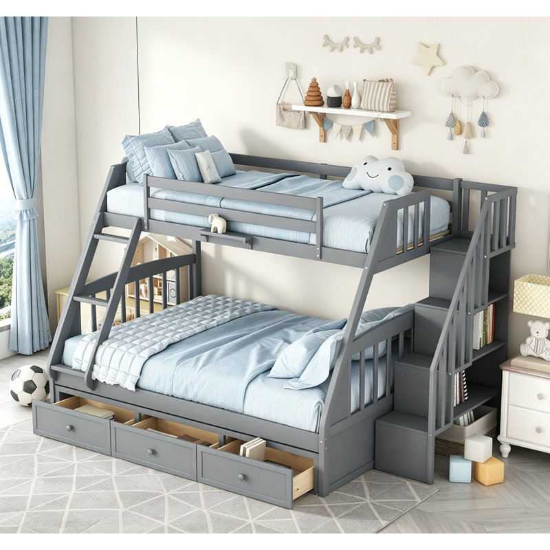 Lit superposé simple au-dessus de double avec tiroirs, échelle et escalier de rangement, parfait pour un espace de couchage supplémentaire et l'organisation