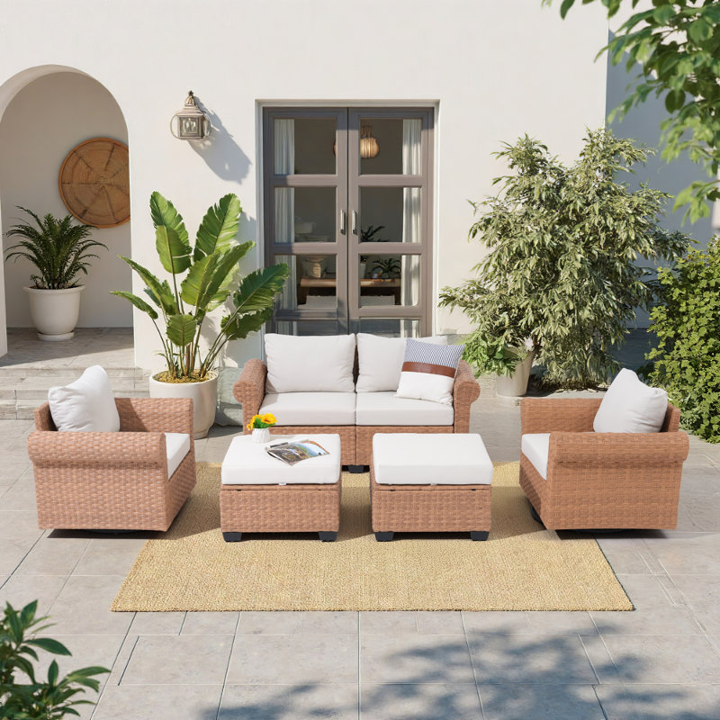 6 - Person Outdoor Wicker Seating Group With Swivel Chairs And Cushions