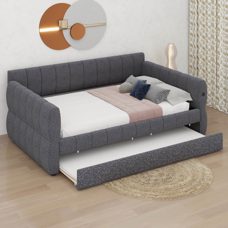 Grand lit plateforme tapissier avec USB et lit gigogne multifonctionnel, Gris