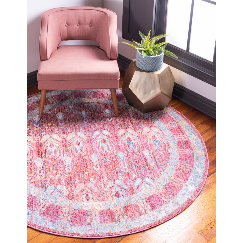 Tapis rouge / bleu Rosamonde, Rond 3 pi 3 po