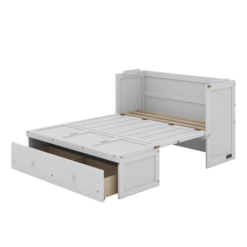 Lit escamotable double avec port USB et tiroir, Blanc