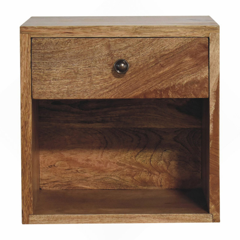 Solid wood Floating Mini Classic Bedside, Wall-mounted, 1-Drawer, 1 Open Slot, Light Brown
