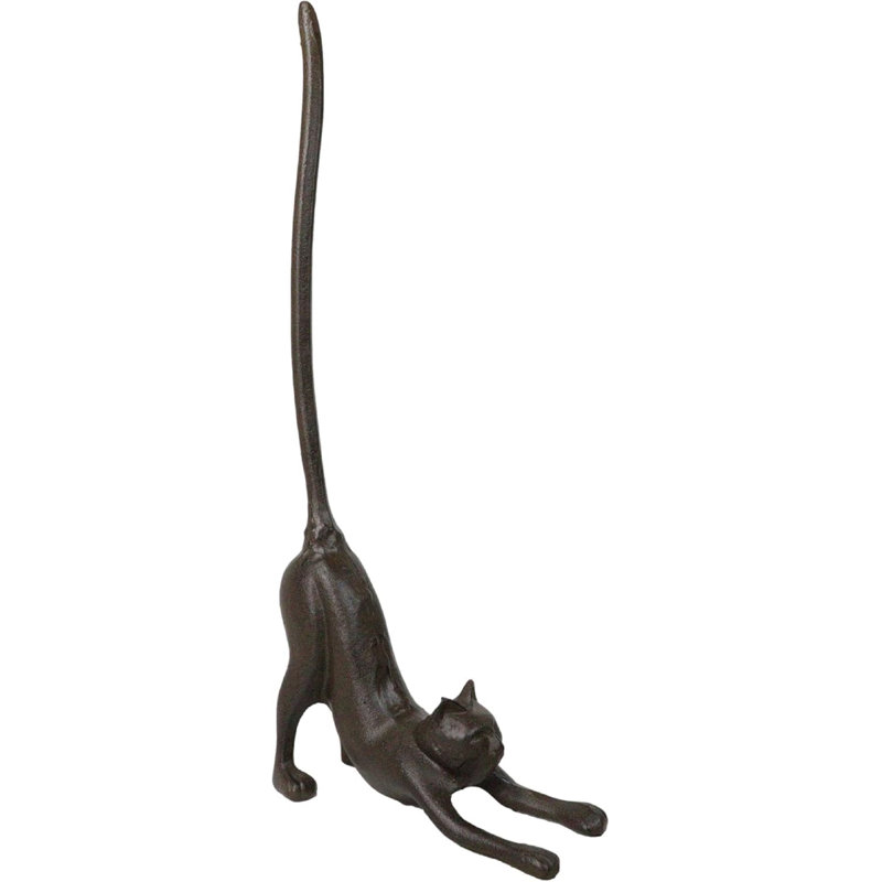 Rustic Cast Iron Crouching Kitty Cat With Long Tail Kitchen Paper Towel Holder