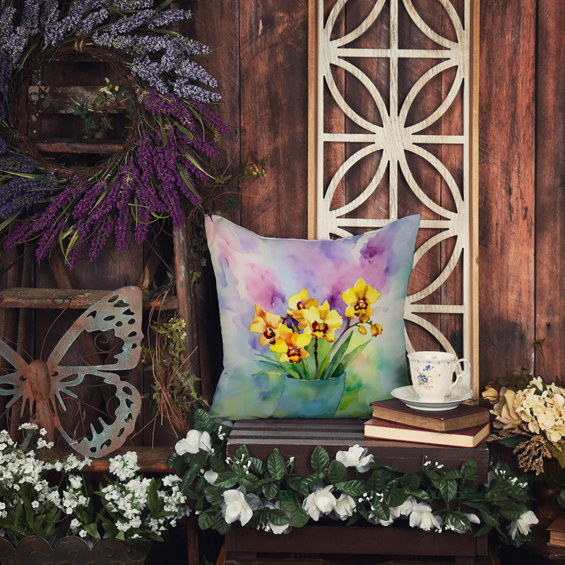 Coussin Orchidées dans l'aquarelle, H 14 po x l 14 po