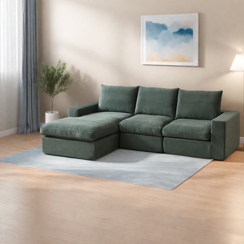 Canapé modulaire moderne en velours côtelé avec méridienne, rembourré vert, sans assemblage
