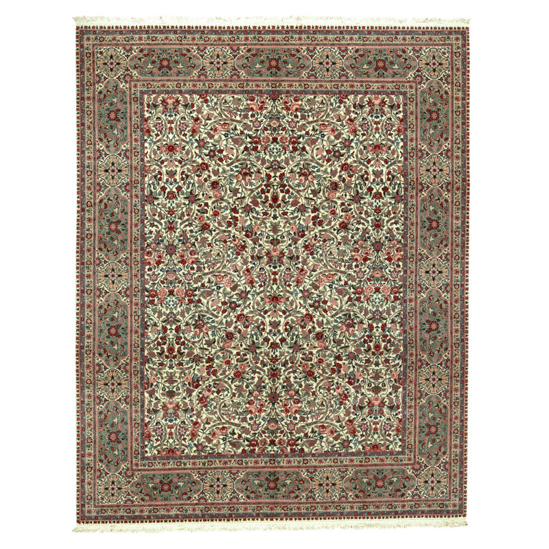 Tapis ivoire et vert noué à la main de haute qualité