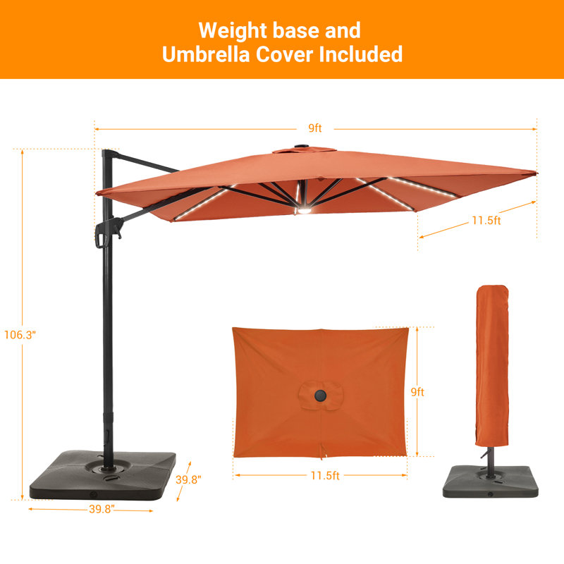 Parasol rectangulaire en porte-à-faux éclairé 138 po x 108 po Rositta, Rouge rouille