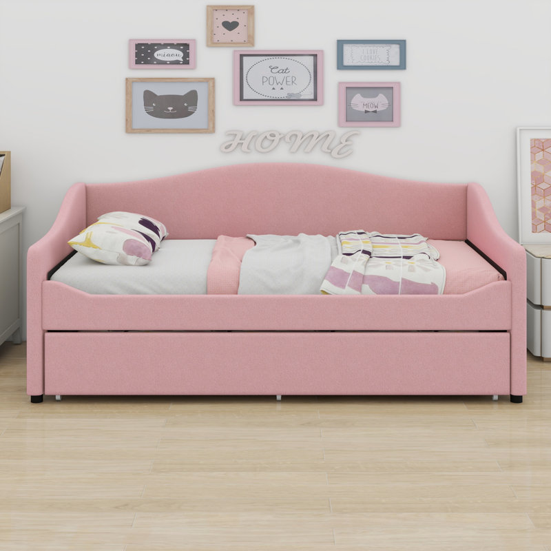 Upholstered Daybed With Light And Trundle, Pink