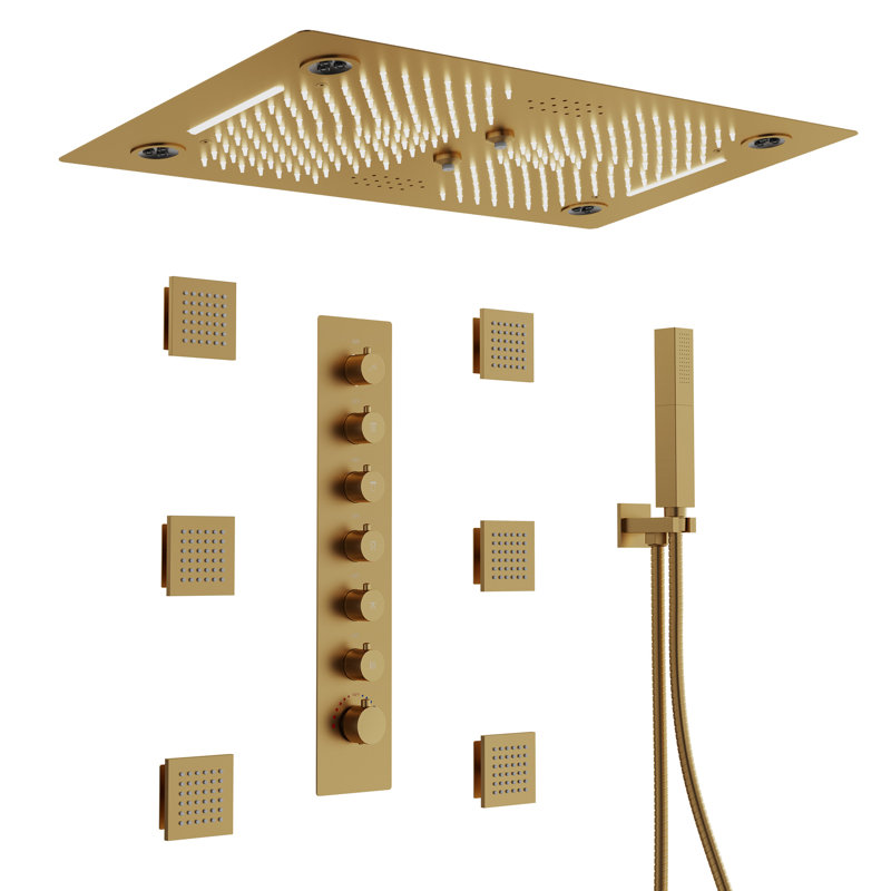  Système de douche thermostatique à 6 fonctions à DEL, pomme de douche à pluie haute pression avec douchette, jet pour le corps
