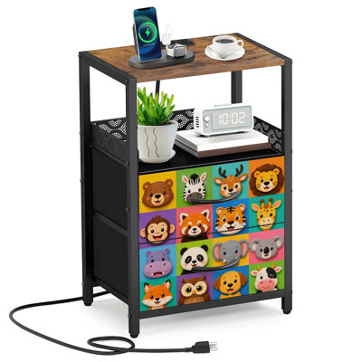 2 Fabric Drawers Night Stand with Charging Station Colorful Squares Cartoon Animals Classroom Seating Bedroom Bedside Table End Table with Open Shelf USB Ports and Outlets