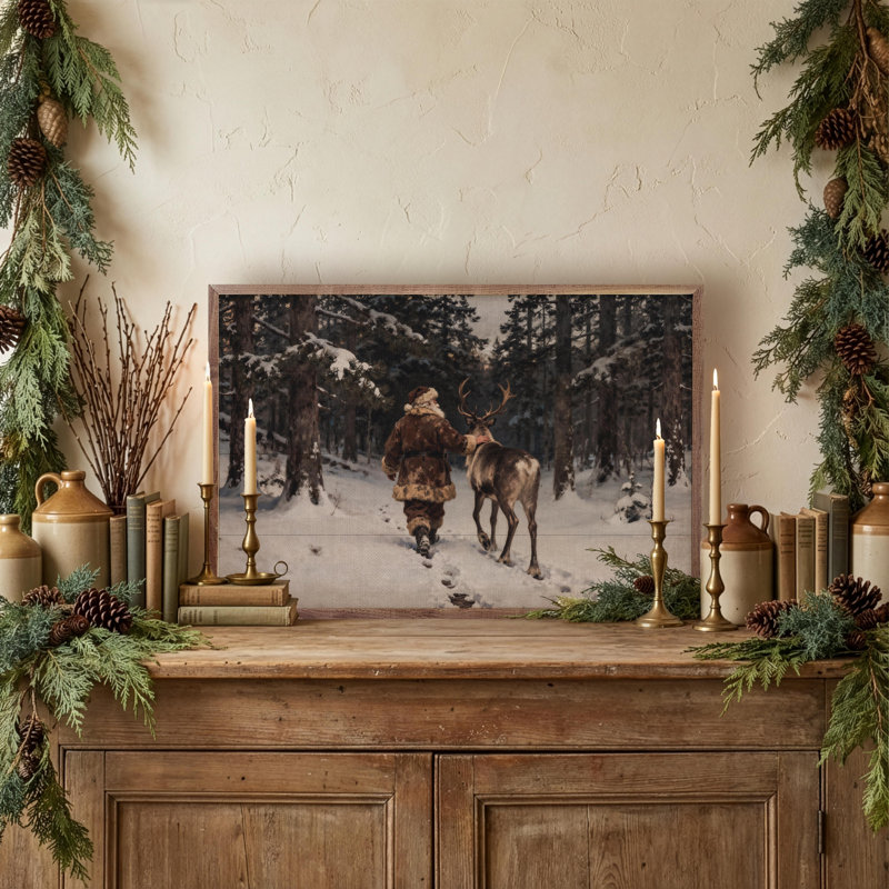 Santa And His Reindeer Walking, 16" H x 24" W