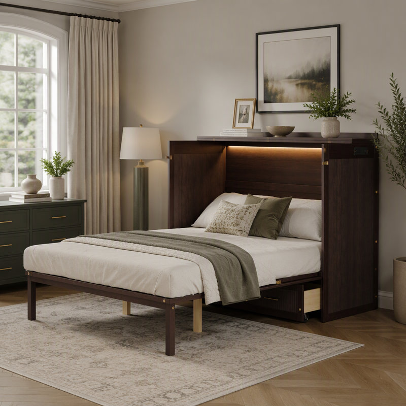 Lit escamotable en bois avec tiroirs et station de recharge intégrée pour chambre d'amis, Café