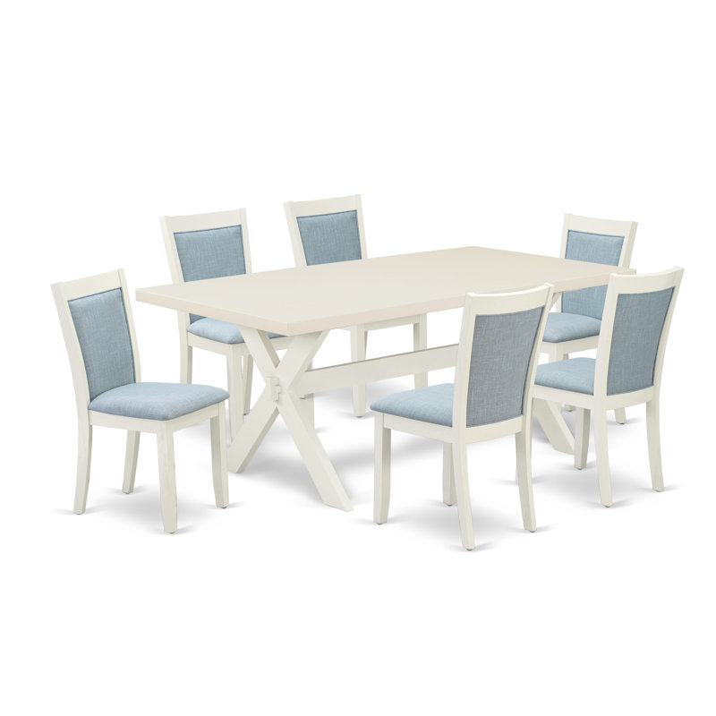Ensemble de table de cuisine - une table de salle à manger en bois et des chaises Parson - Lin brossé blanc, 7, Bleu pastel