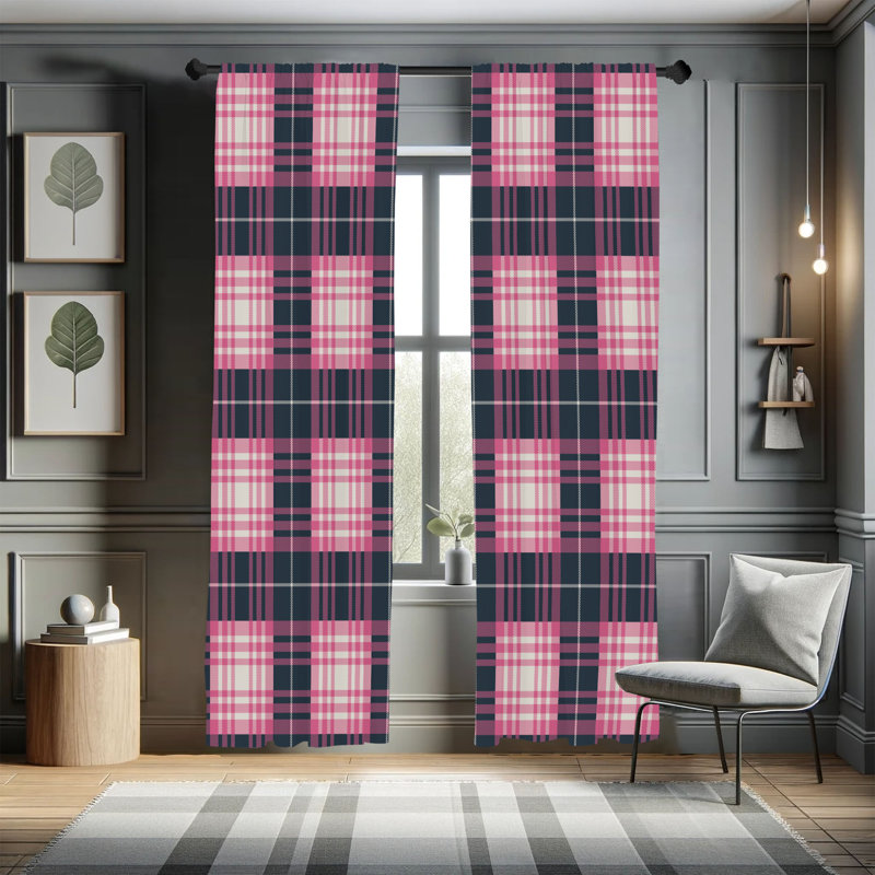  Checkered Curtains, Plaid Tartan English Tile, Rose Ivory, 56" W x 63" L