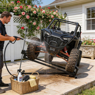 Ride on Mower Jack Lift Telescopic Lawnmower Lifter Folding Ramp Lifting Device 45° Tilt Heavy Duty Height Adjustable Maintenance Cleaning Aid for Lawn Mowers Tractors, Max. 400kg Red