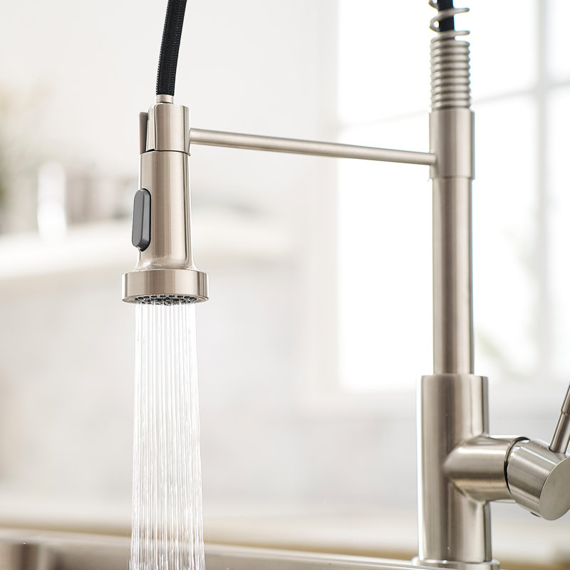 Brushed Nickel Kitchen Faucet With Pullout Spray - Brass, Enhanced Leak Resistance, Multi-Functional Water Outlet Functions Options