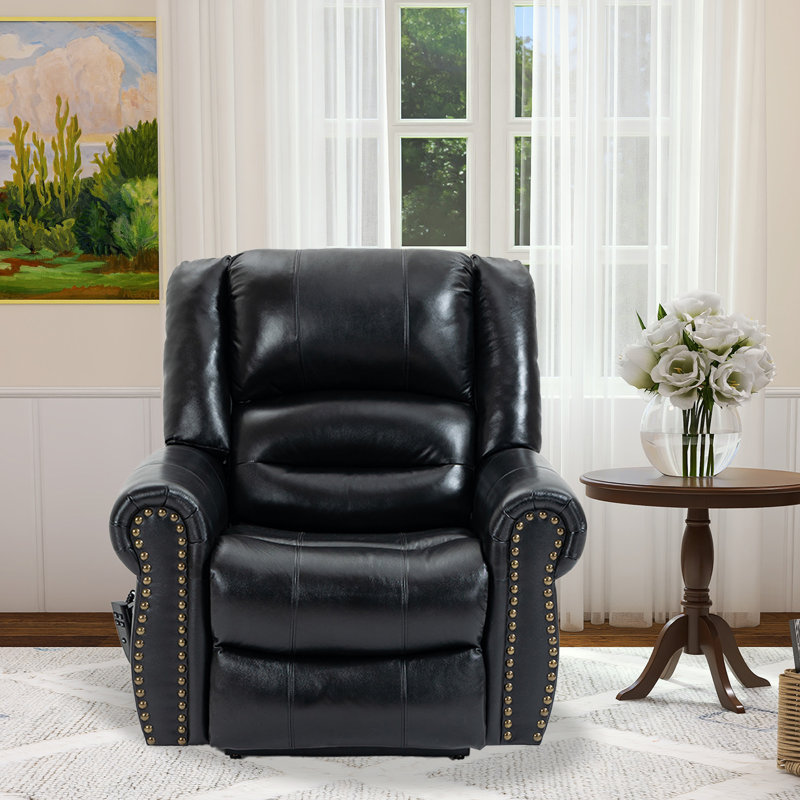 Katrein Lay Flat Leather Match Power Lift Recliner with Massager and Heat, Infinite Position, Black Leather Match
