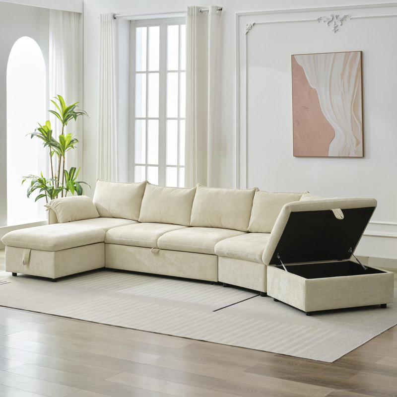 146.9" L-shaped Sofa Sectiona, Beige Linen