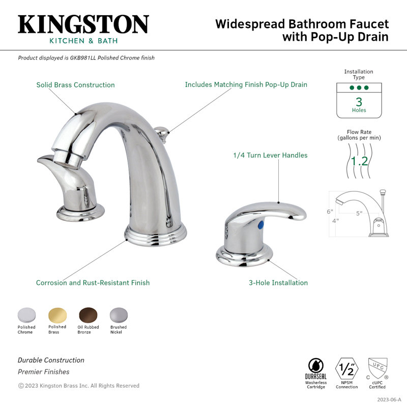 Kingston Brass Legacy Two-Handle 3-Hole Deck Mount Widespread Bathroom Faucet with Retail Pop-Up Drain, Polished Brass