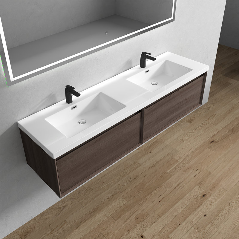 Dafi 70.8" W x 19.6" D x 17.7" H Wall-Mounted Double Bathroom Vanity, Dark Oak