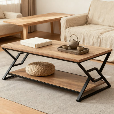 Rustic Coffee Table With 2-Tier Storage, Engineered Wood Center Table With Open Shelves, Minimalist Rectangle Design For Living Room, 47 Inch Oak Brow