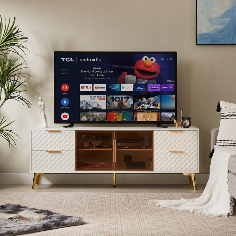 Geometric TV Stand with Drawers & Glass Doors, White