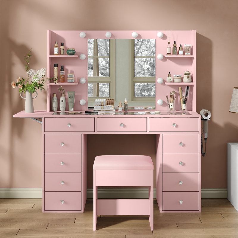 Makeup Vanity With Lighted Mirror And Power Outlet, 11 Drawers And Glass Top, 3 Color Lighting Modes, Fold-Up Panel, 4 Shelves, Stool Included