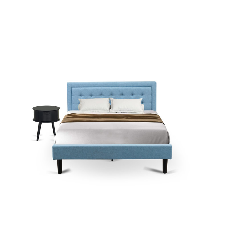 Ensemble de lit plateforme 2 pièces avec très grand lit et une table de chevet bleu marine - Fabrication fiable et durable - Lit en tissu de lin bleu denim