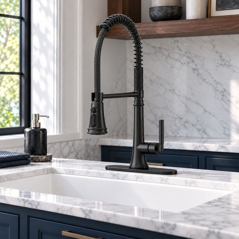 Spring Single Handle Pull-Down Sprayer Kitchen Faucet Deckplate Included In Stainless Steel Matte Black, Matte Black