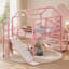 Lit mezzanine double avec glissade et escalier, lit de jeu en métal avec tablettes de rangement, toit en forme de maison et conception silencieuse, rose