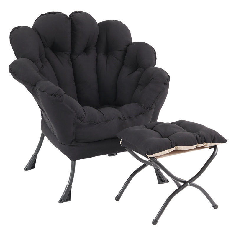 Lazy Chair With Ottoman, Modern Floral Chair With Folding Footrest, Lounge Accent Chair, Black