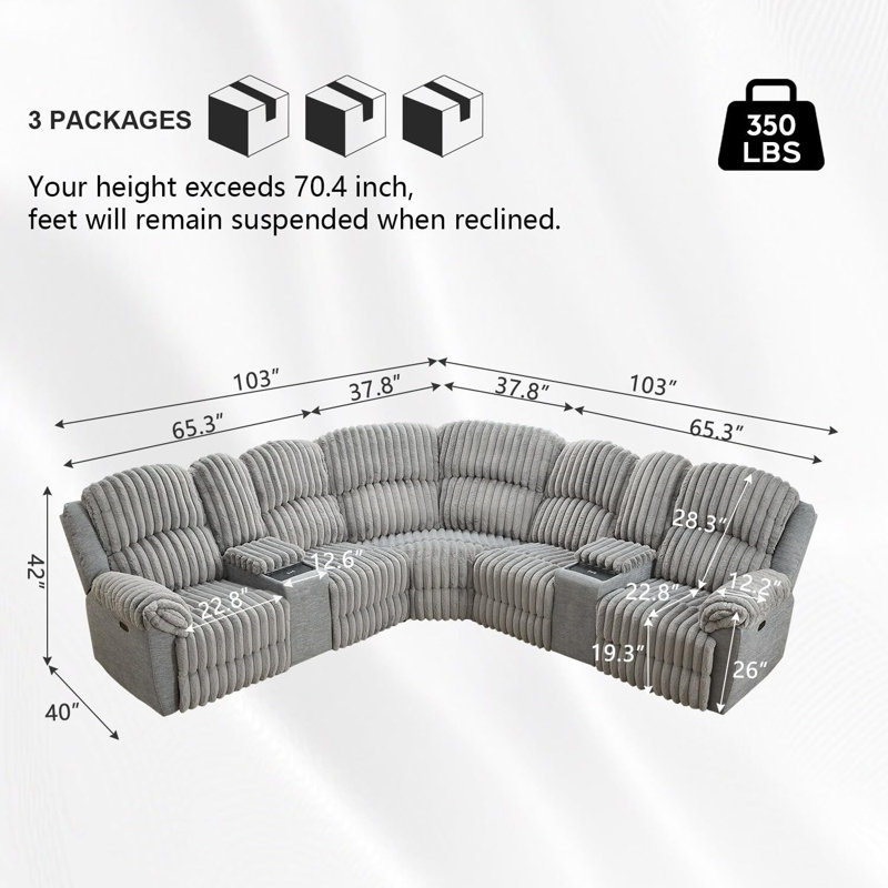 Canapé modulaire inclinable électrique en fausse fourrure 3 pièces avec chargement sans fil USB, Fausse fourrure grise